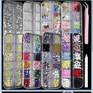 Nail charms rhinestones 8 boxes pearls gems jewels salon acrylic gold